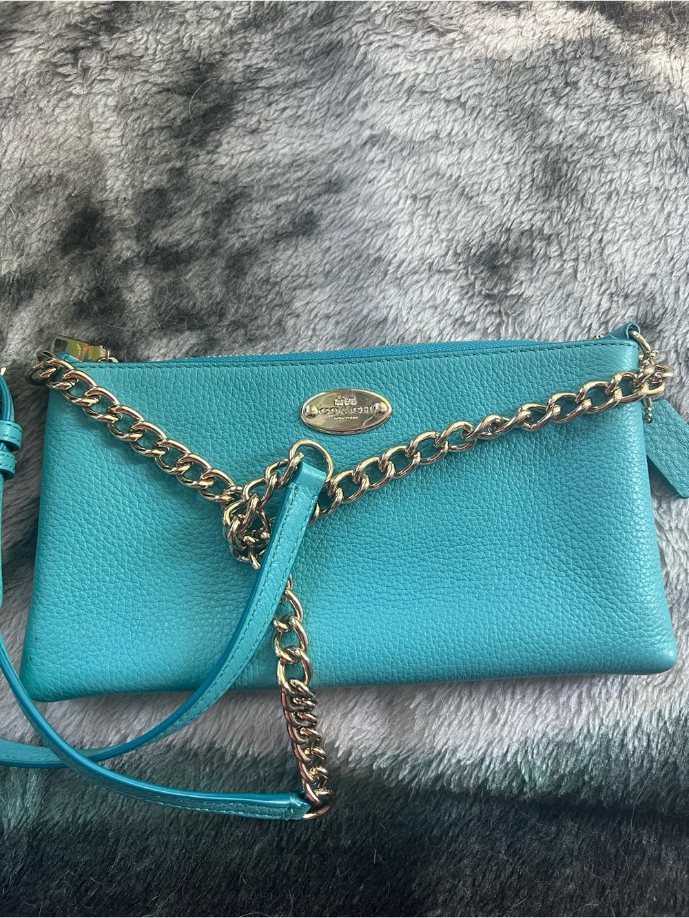 Coach Teal Leather Crossbody with Gold Chain Accent